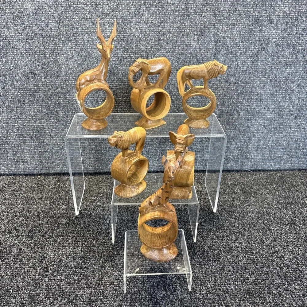 Vtg~Set of 6~Wooden Handcarved Safari Animal Napkin Rings~Handcarved in Kenya
